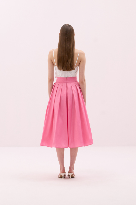 Toka Detaylı Pileli Tafta Midi Boy Etek Pembe - 2