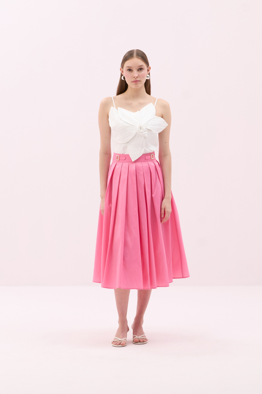 Toka Detaylı Pileli Tafta Midi Boy Etek Pembe - 1