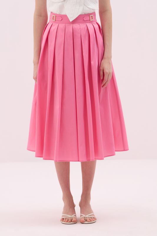 Toka Detaylı Pileli Tafta Midi Boy Etek Pembe - 4