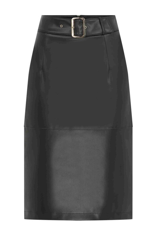  Tokalı Suni Deri Midi Etek Siyah - 4