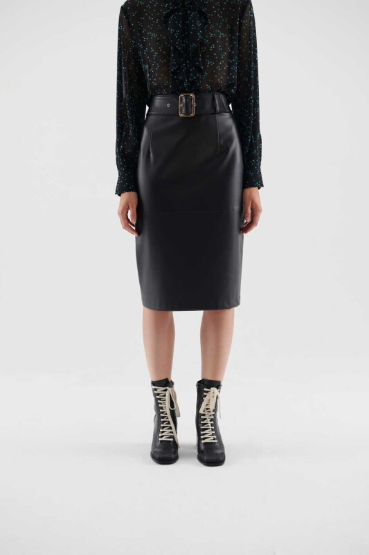  Tokalı Suni Deri Midi Etek Siyah - 3