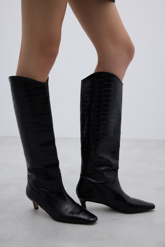 %100 Deri Topuklu Çizme Siyah - 1