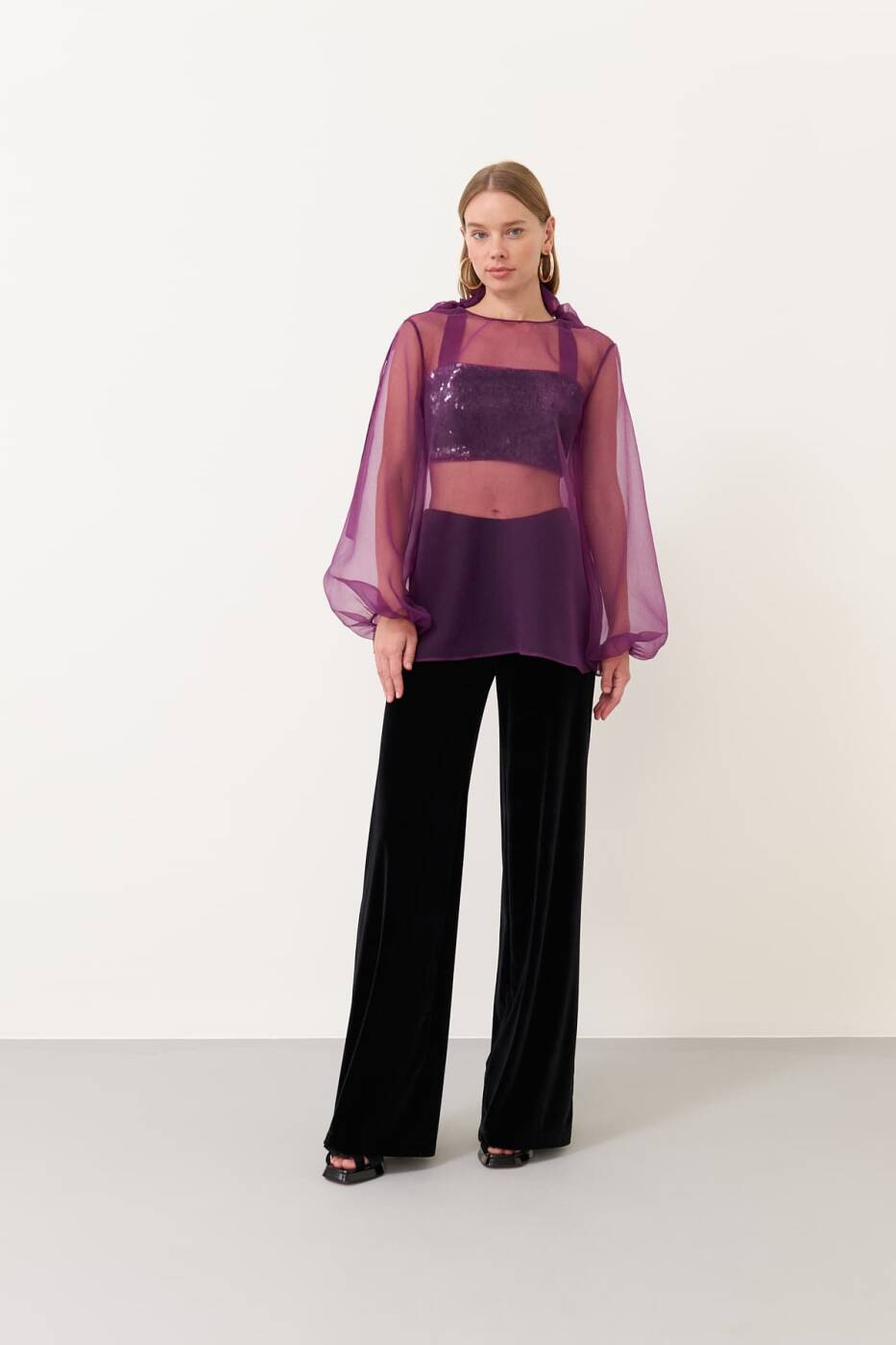 Boat Neck Organza Blouse Purple - 3