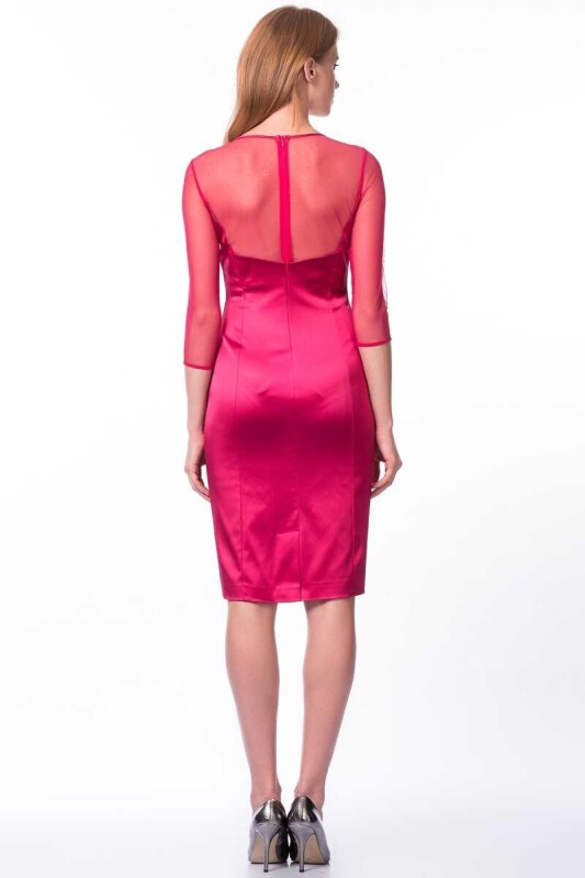  Transparan Detaylı Abiye Mini Elbise Fuşya - 2