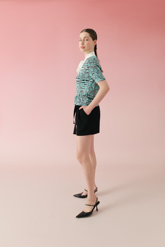 Openwork Knitted Blouse Turquoise-Black - 4