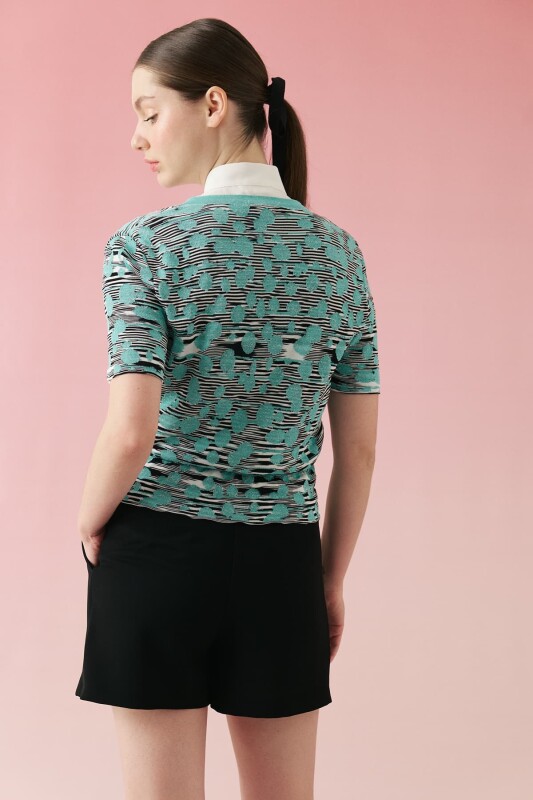 Ajurlu Triko Bluz Turkuaz-Siyah - Roman (1)