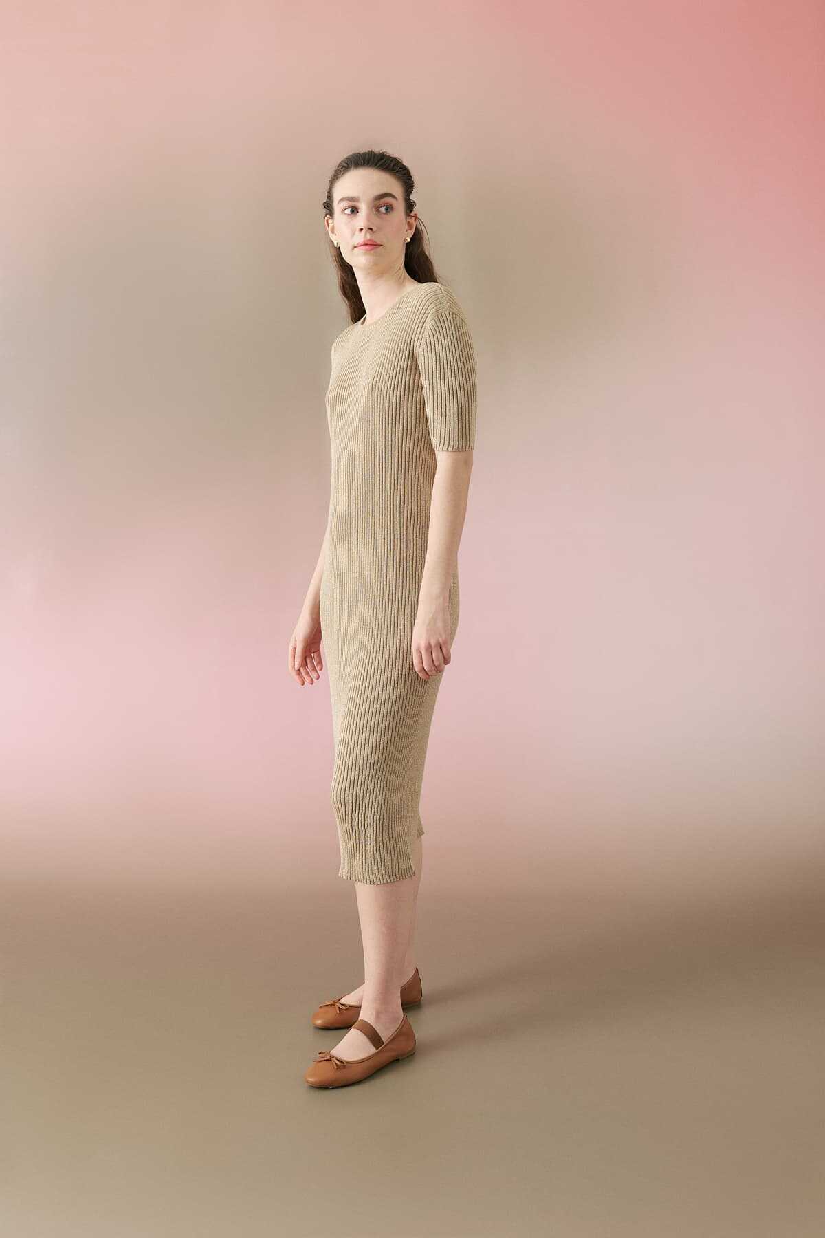 Triko Midi Elbise Gold