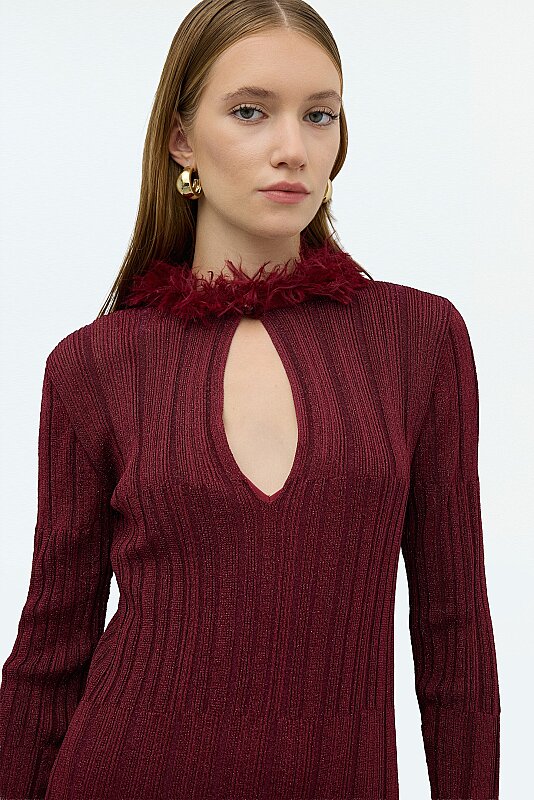 Triko Mini Elbise Bordo - 4
