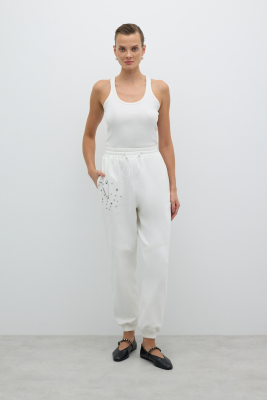 Trok Detaylı Beli ve Paçası Lastikli Jogger Beyaz - 1