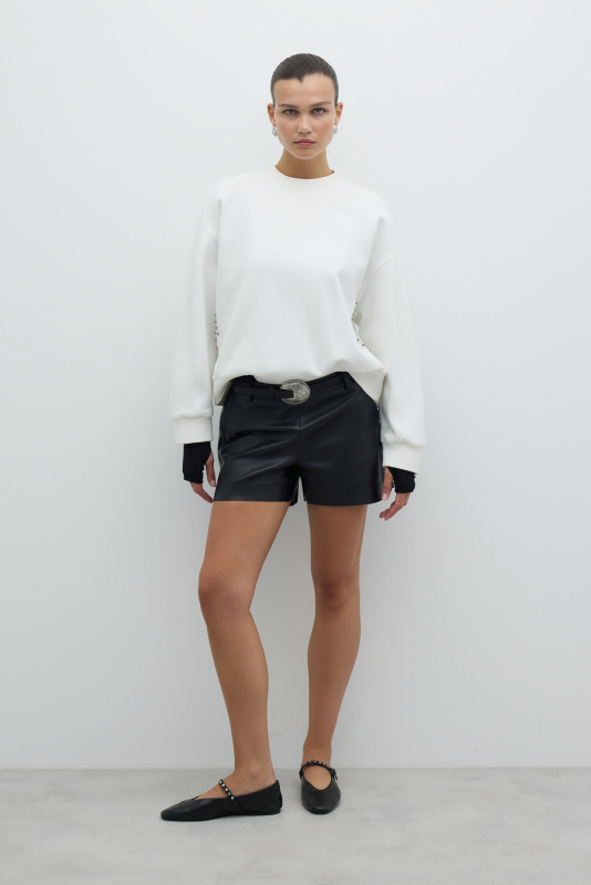 Trok Detaylı Bisiklet Yaka Sweatshirt Beyaz - 4