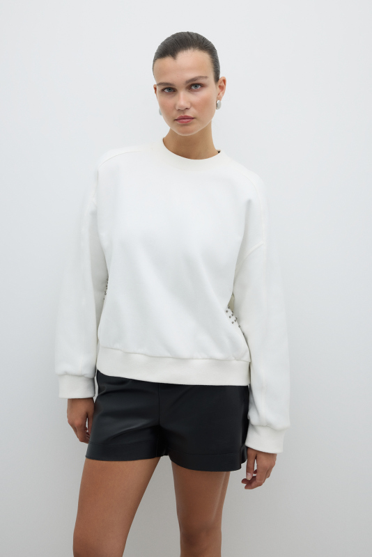 Trok Detaylı Bisiklet Yaka Sweatshirt Beyaz - Roman