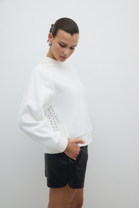 Trok Detaylı Bisiklet Yaka Sweatshirt Beyaz - 3