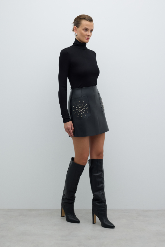 Trok Detaylı Çift Cepli Mini Etek Siyah - 3