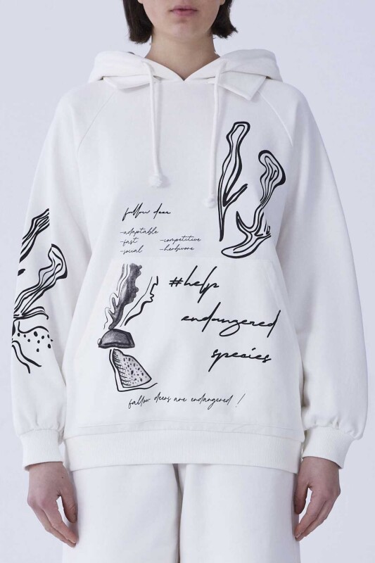 Desenli Kapüşonlu Sweatshirt Beyaz - Roman