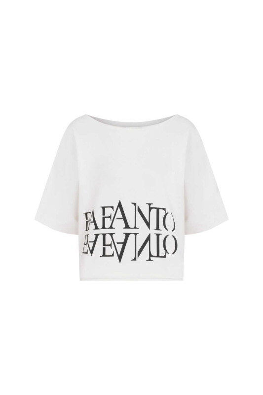 Geniş Yakalı Fafanto Yazı Baskılı Crop Sweatshirt Ekru - 4
