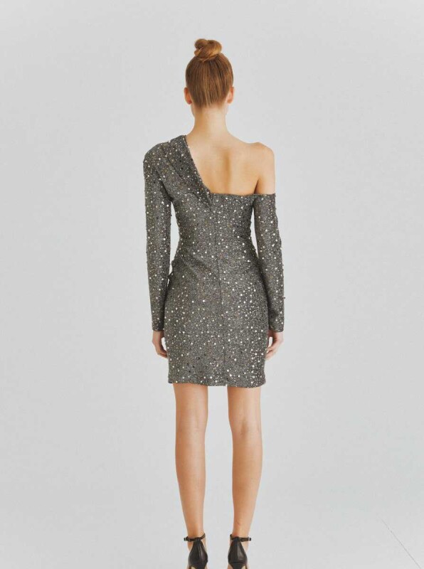  Shiny Mini Dress with Shoulder Detail Silver - Roman (1)