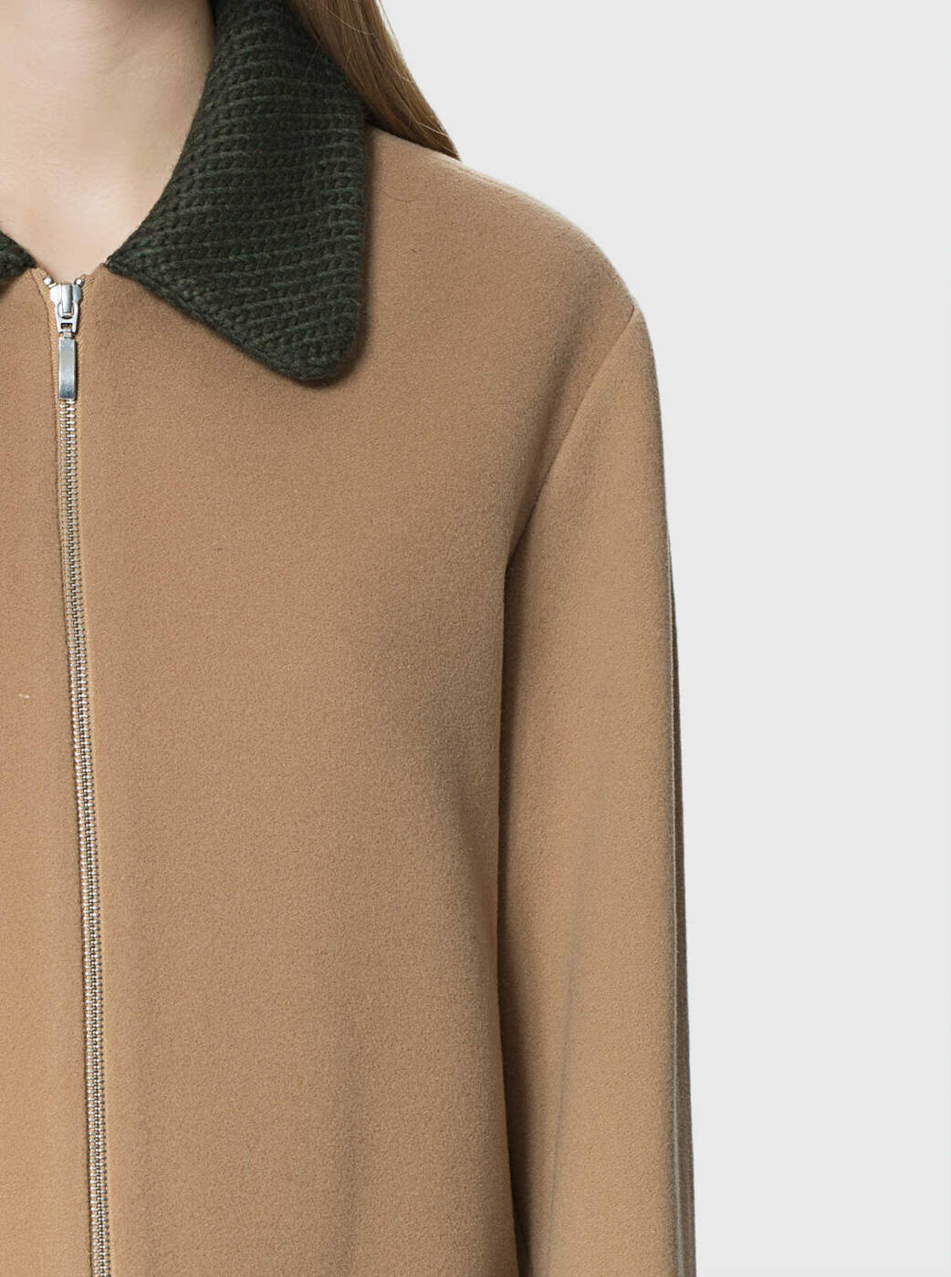 Cep Ve Yakaları Örgü Kadın Kaban Camel - 3