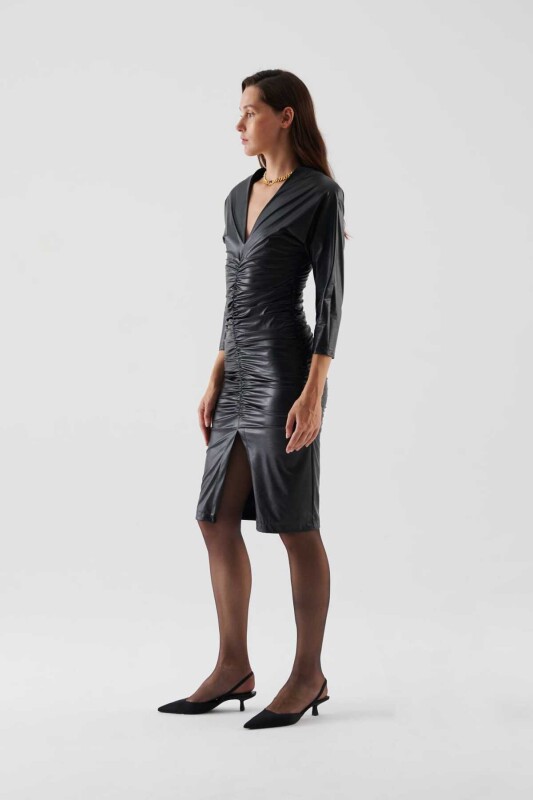 Gathered Slit Evening Dress Black - Roman