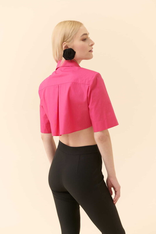  Crop Poplin Kadın Gömlek Fuşya - Roman (1)
