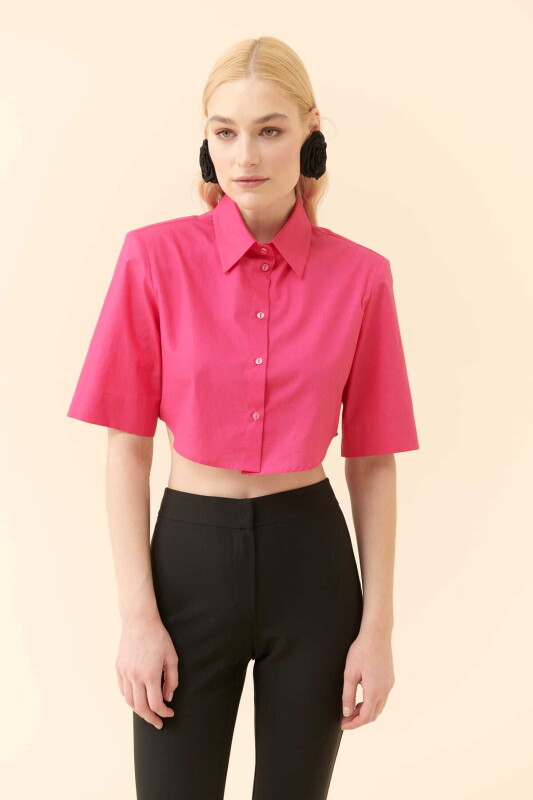  Crop Poplin Kadın Gömlek Fuşya - Roman
