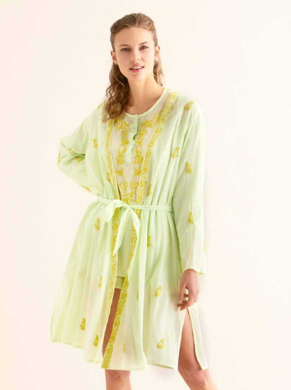 İşlemeli Açık Kimono Açık Yeşil - Roman