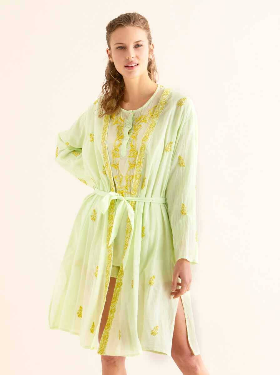 İşlemeli Açık Kimono Açık Yeşil - 1