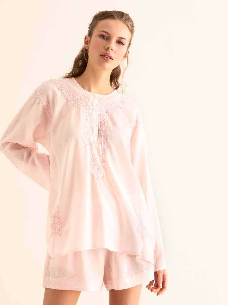 İşlemeli Açık Kadın Bluz Pembe - 1
