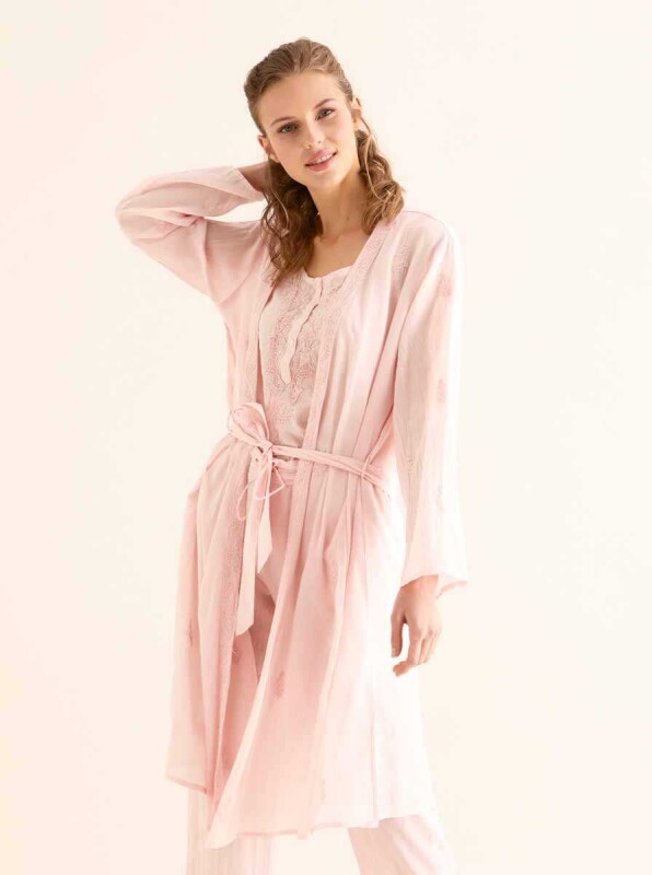 İşlemeli Açık Kimono Pembe - Roman