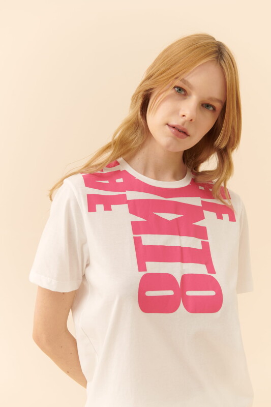 Baskılı Bisiklet Yaka T-Shirt Beyaz - 3