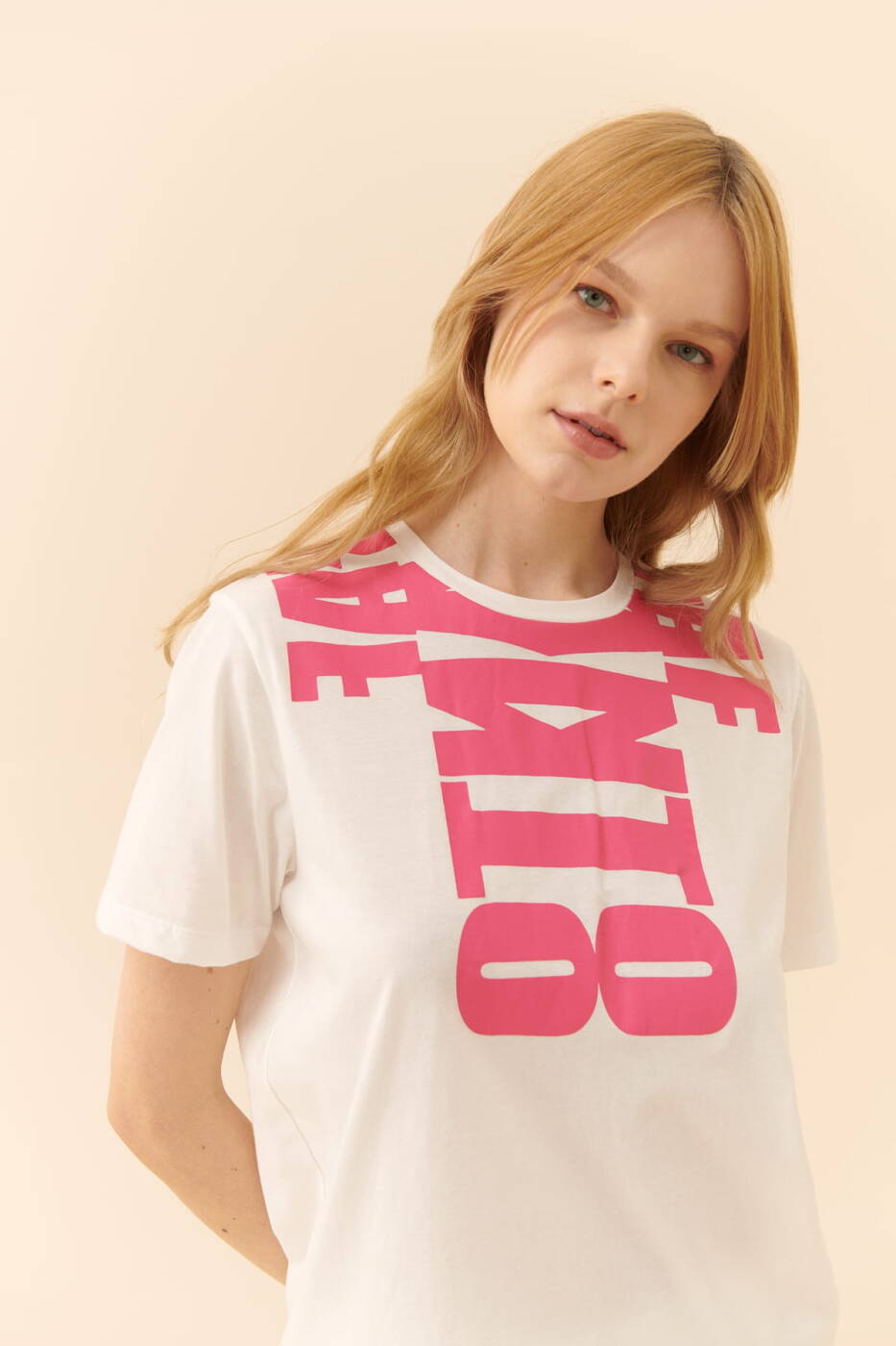 Baskılı Bisiklet Yaka T-Shirt Beyaz - 3