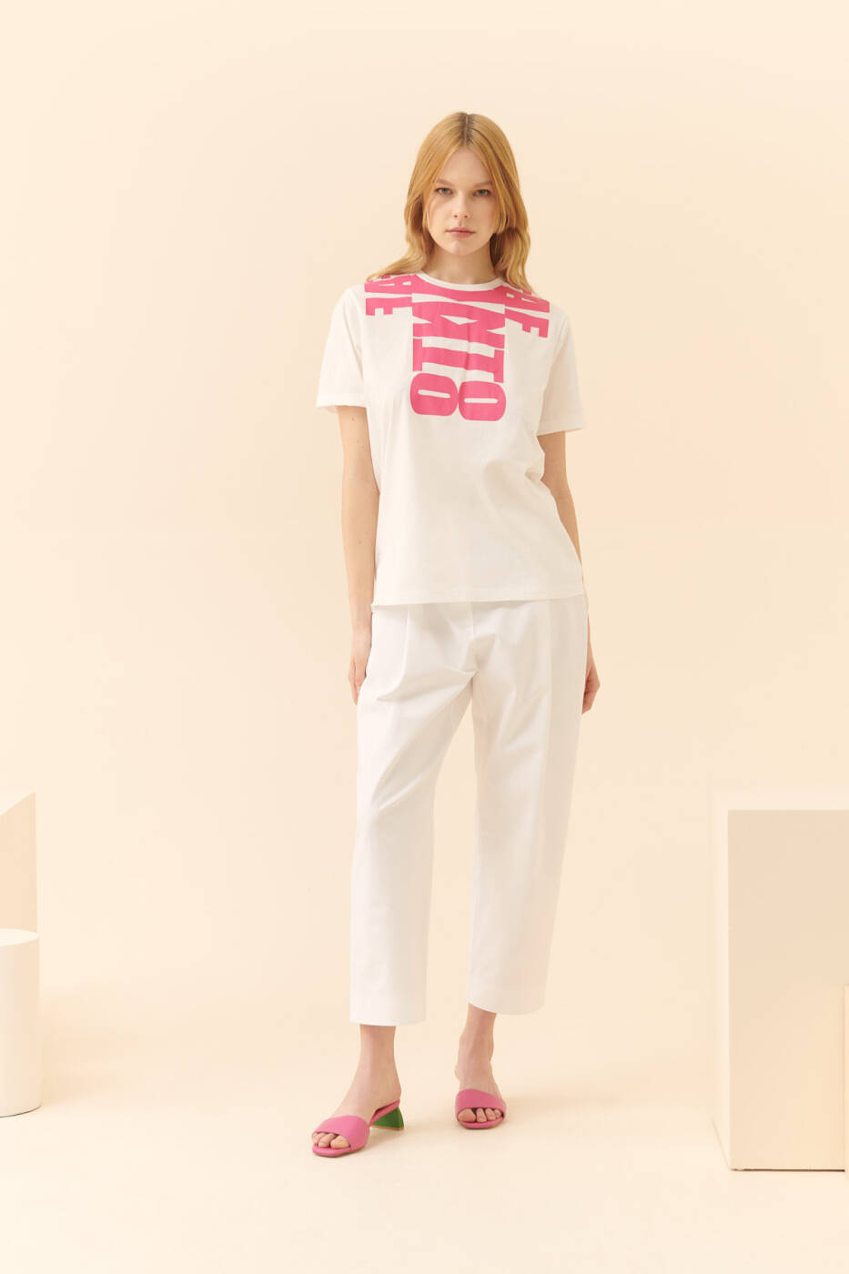 Baskılı Bisiklet Yaka T-Shirt Beyaz - 1