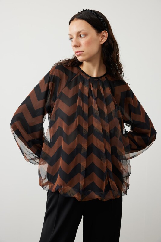 Zigzag Tül Baskılı Balon Bluz - Roman
