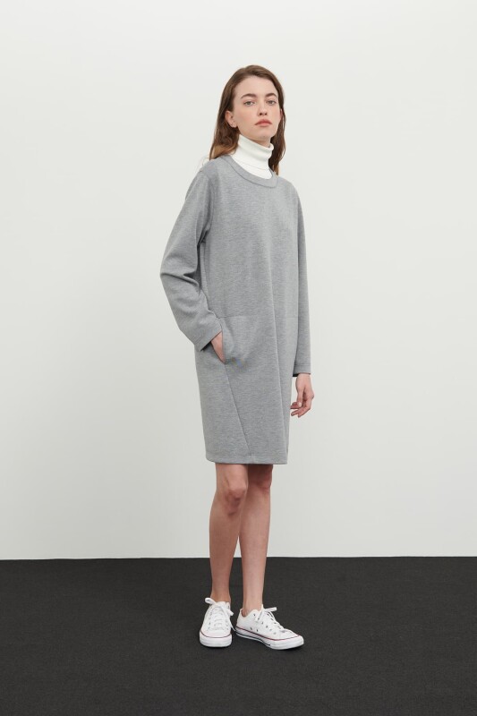 Crew Neck Long Sleeve Dress Grey - Roman