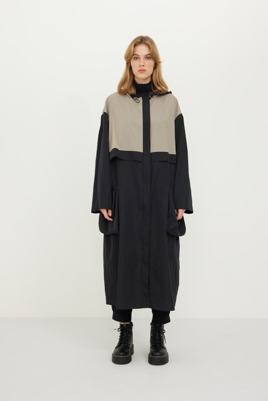 Hooded Trench Coat Black-Beige - Roman