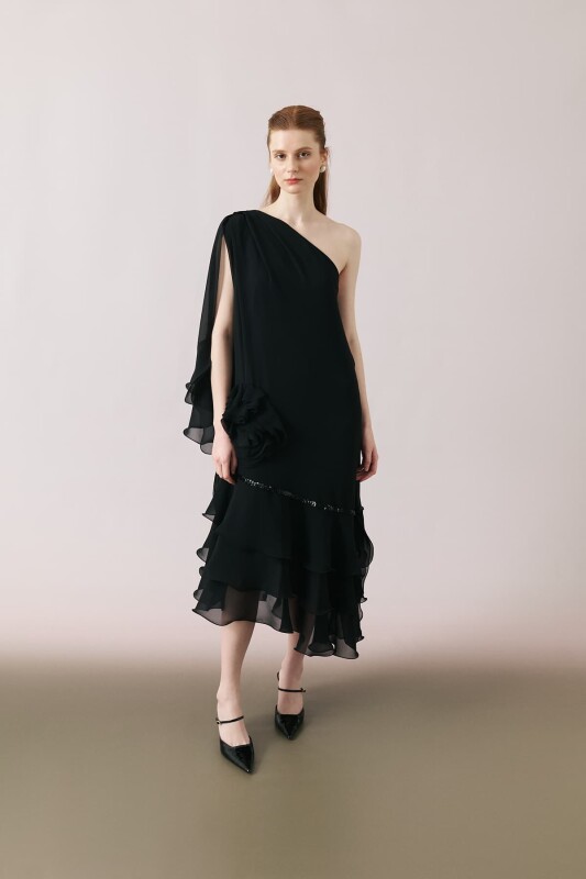 Rose Motif One Shoulder Midi Dress Black - Roman