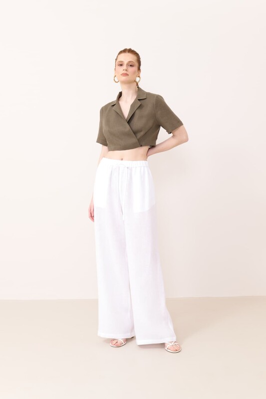 Erkek Yaka Kruvaze Keten Crop Haki - Roman (1)