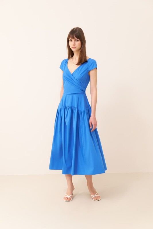 Midi Boy Poplin Elbise Mavi - Roman