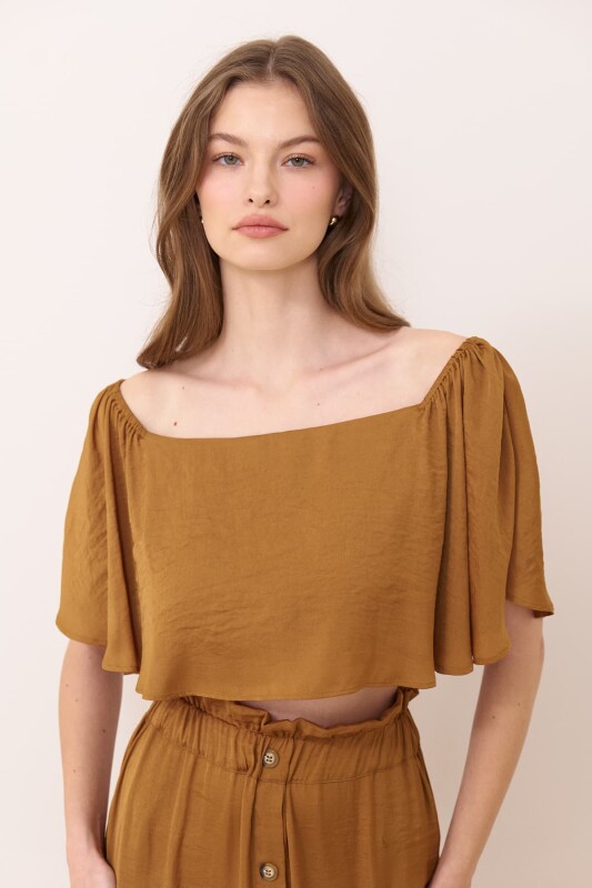 Kayık Yaka Saten Crop Bluz Bal - Roman