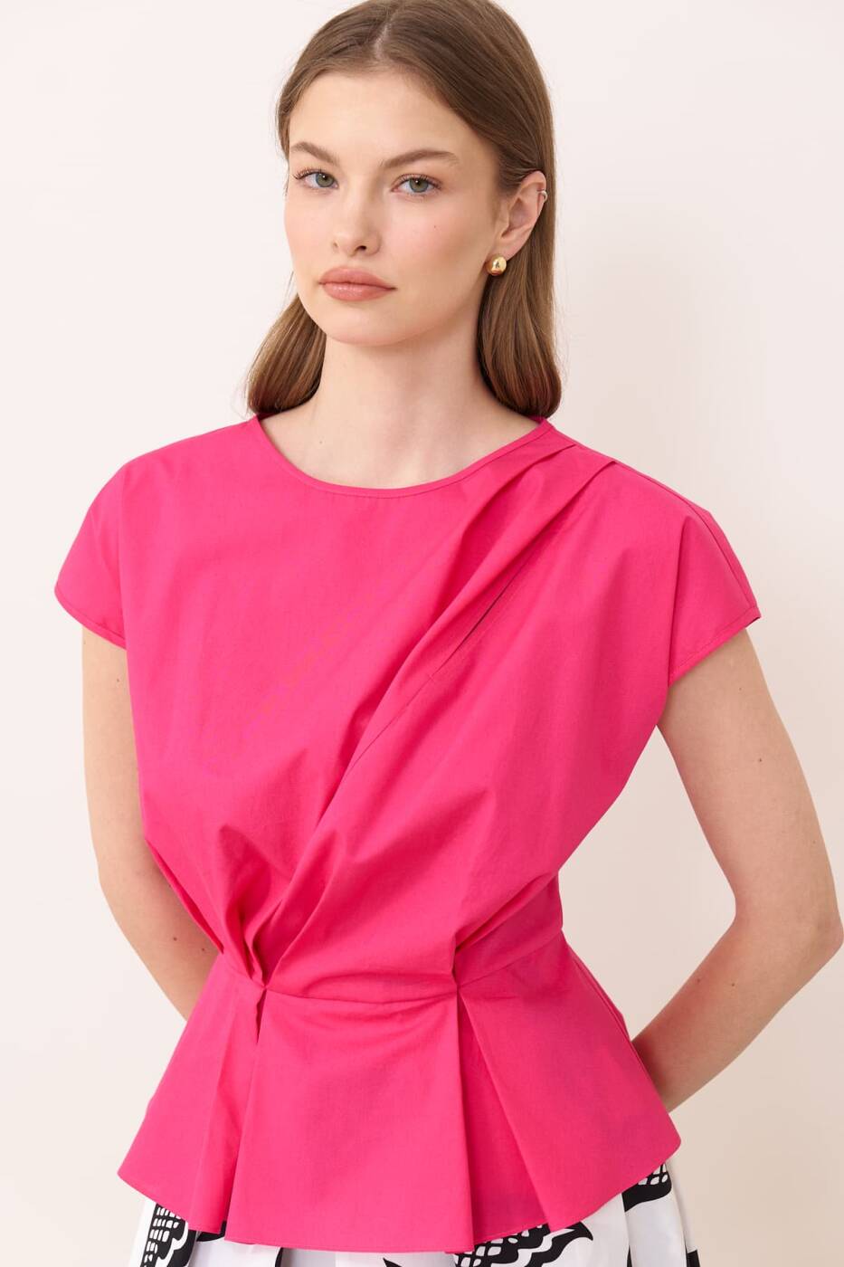 Drape Detaylı Peplum Poplin Bluz Fuşya - 1