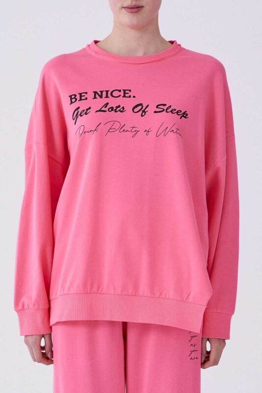Yazı Detaylı Sweatshirt Pembe - 1