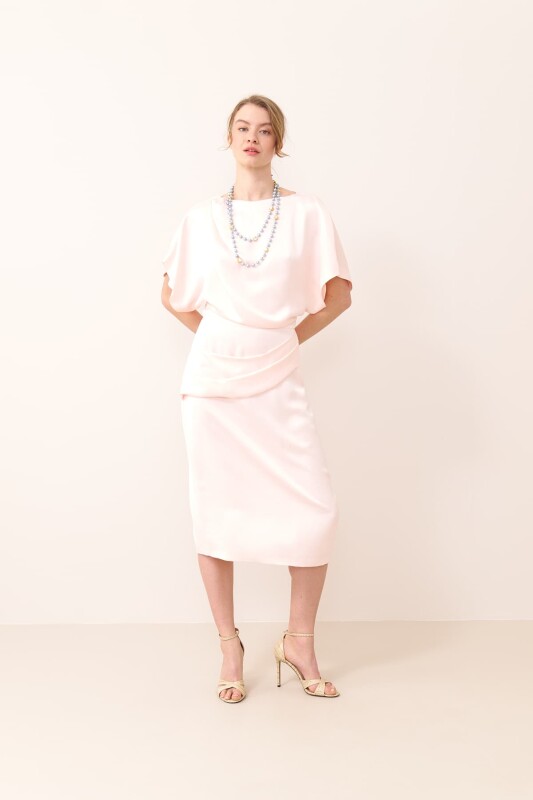 Satin Dress with Belted Waist Powder Colour - Roman