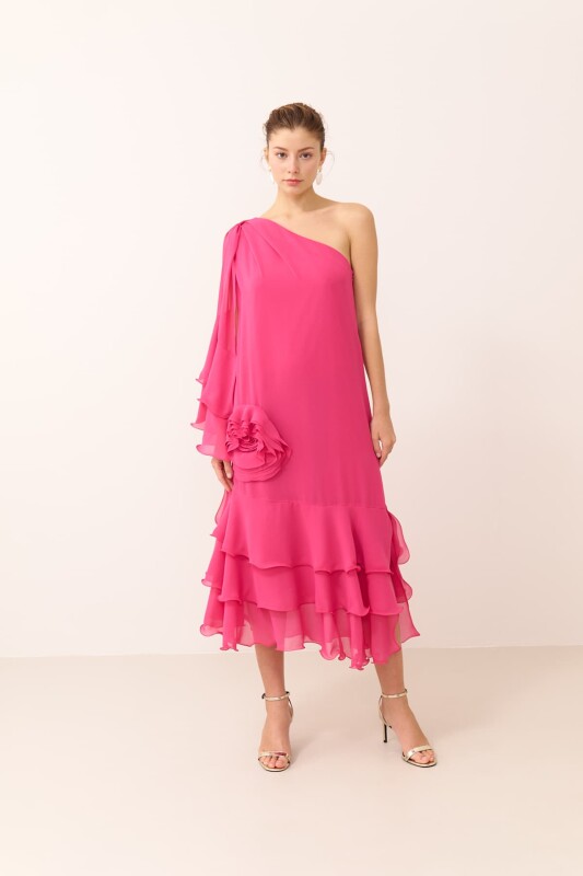One Shoulder Rose Detailed Midi Dress Fuchsia - Roman
