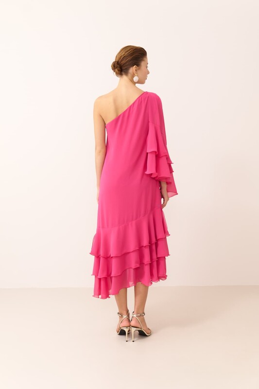 One Shoulder Rose Detailed Midi Dress Fuchsia - Roman (1)