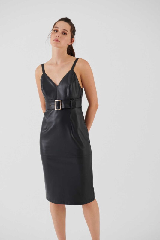 Kemerli Suni Deri Elbise Siyah - 3
