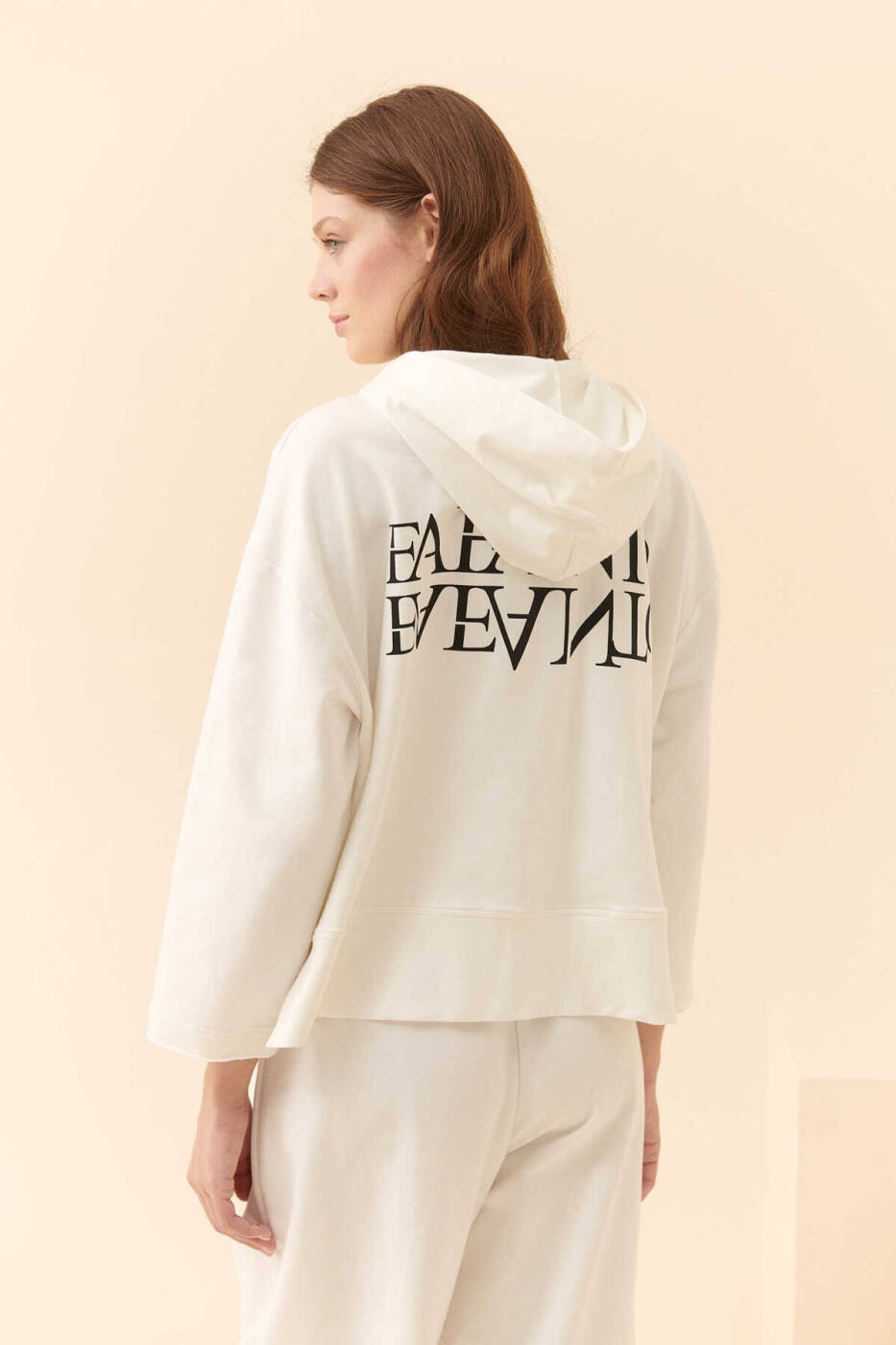 Fafanto Yazı Baskılı Kapüşonlu Sweatshirt Ekru - 2
