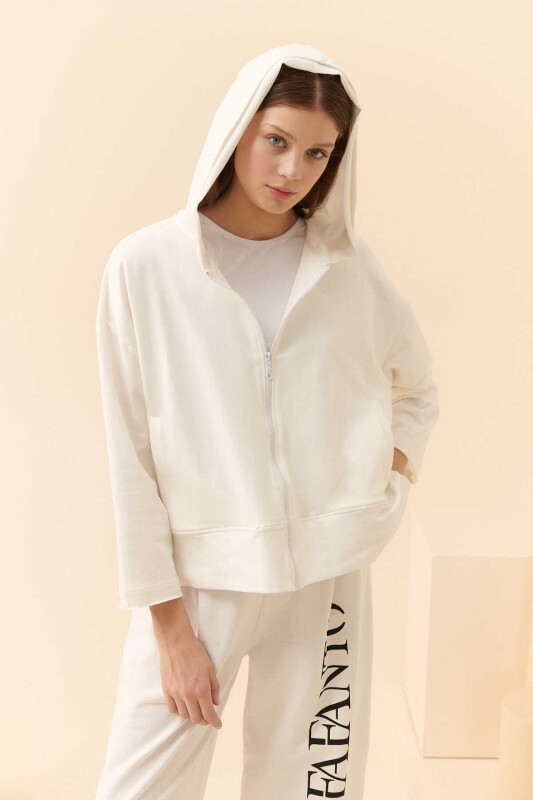 Fafanto Yazı Baskılı Kapüşonlu Sweatshirt Ekru - 1
