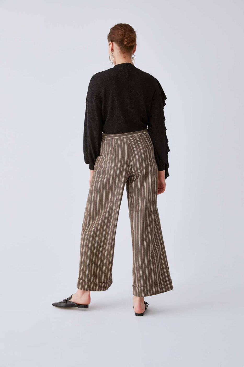  Çizgili Geniş Kadın Pantolon Kahve - 2