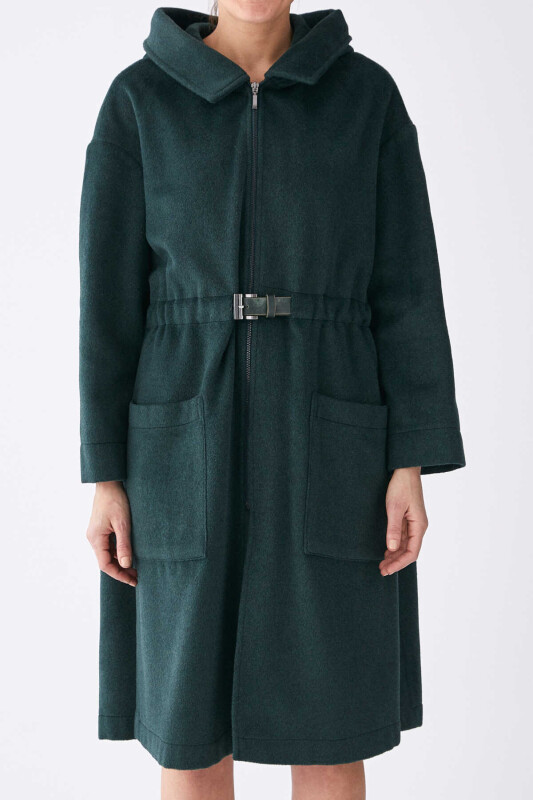 Belt Detailed Hooded Coat Green - Roman