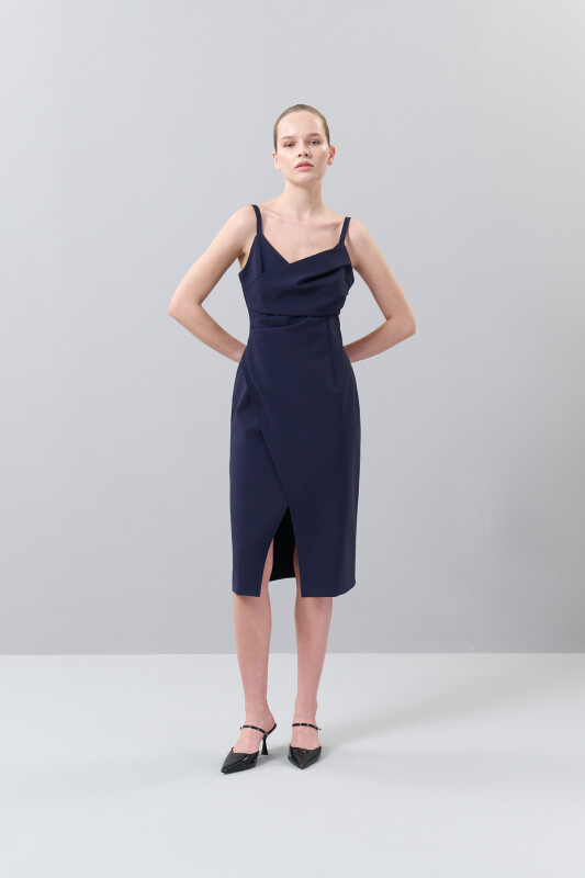 Askılı Drape Detaylı Asimetrik Elbise Lacivert - Roman