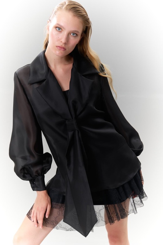 Erkek Yaka İpek Organze Gömlek Siyah - Roman